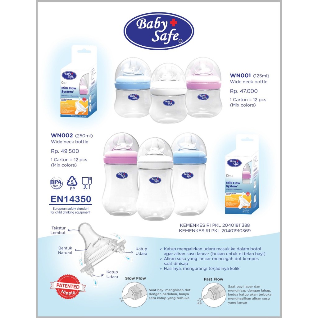 Baby Safe Milk Flow System 125ml atau 250ml 0m+ Botol Susu Bayi WideNeck Newborn