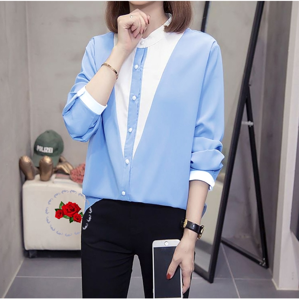 *[IJFK] Blouse Korea Kombinasi V Panjang Wanita / Blouse Wanita / Atasan Kemeja Wanita