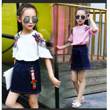 [3-9 tahun] SETELAN ROK PENDEK ANAK PEREMPUAN IMPORT ATASAN MODEL SABRINA / SETELAN SABRINA ANAK CEWEK IMPORT ROK PENDEK