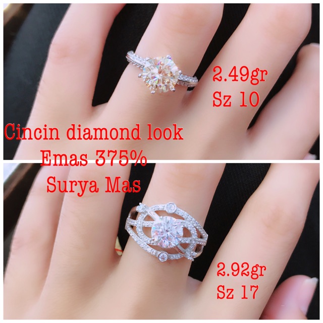 Cincin diamond look emas 375%