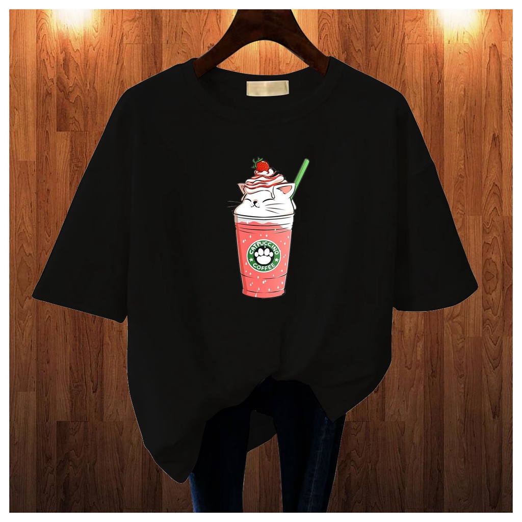 CALVIERO SHOP - BAJU KAOS ATASAN WANITA PRINT COFFEE CAT GALAXY PRINT