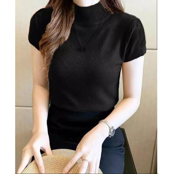 worldshop - Atasan Rajut Wanita Turtleneck - Kerah Tinggi Lengan Pendek - Knit Premium-Hitam