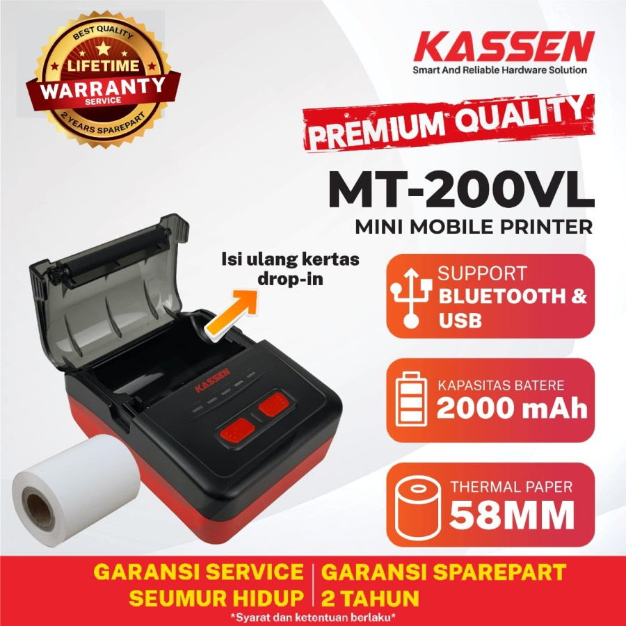 PRINTER BLUETOOTH THERMAL MOBILE KASSEN MT 200 VL CETAK STRUK 58MM