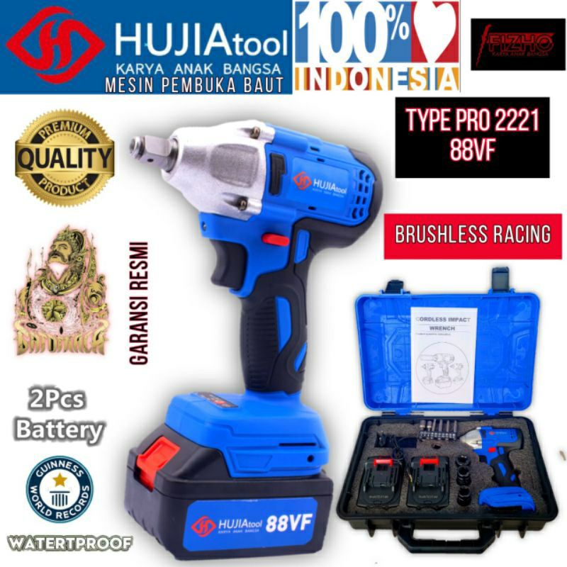 HUJIA PRO 2221 Bor pembuka baut mobil 88vf 2batrei garansi resmi 1th impact wrench cordless