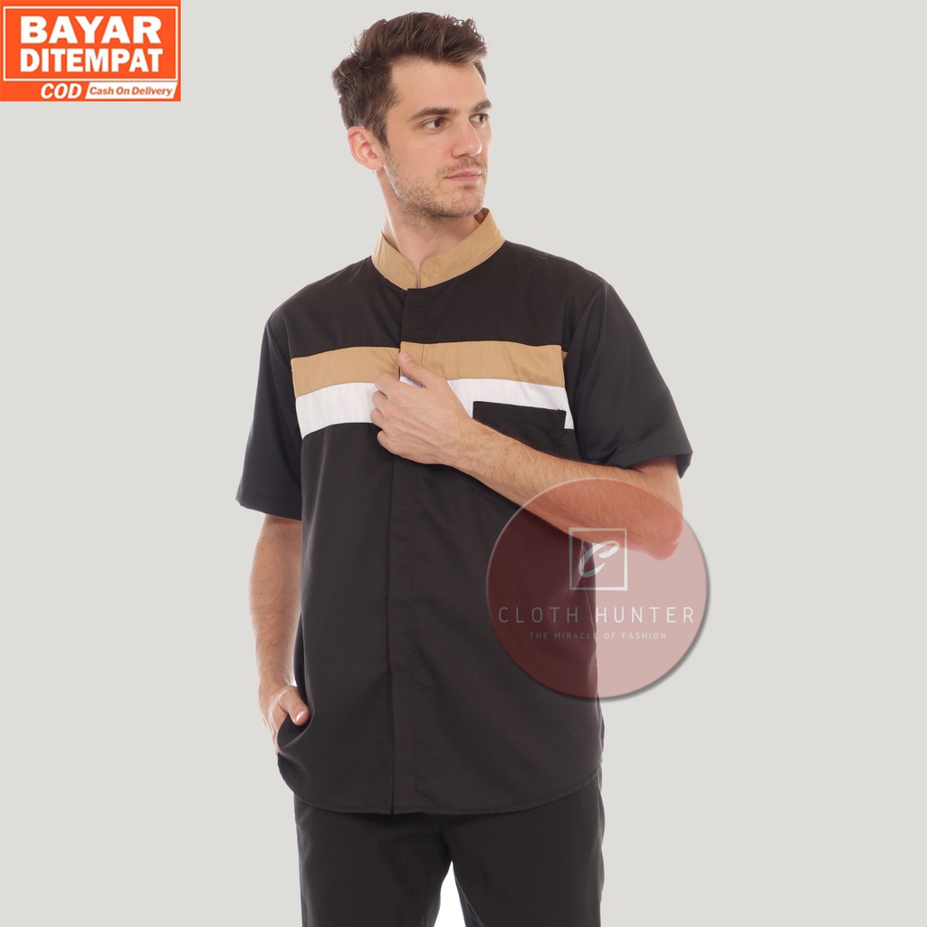 Baju Koko Qahtan Pria Dewasa Lengan Pendek Bahan Toyobo Warna Hitam Polos