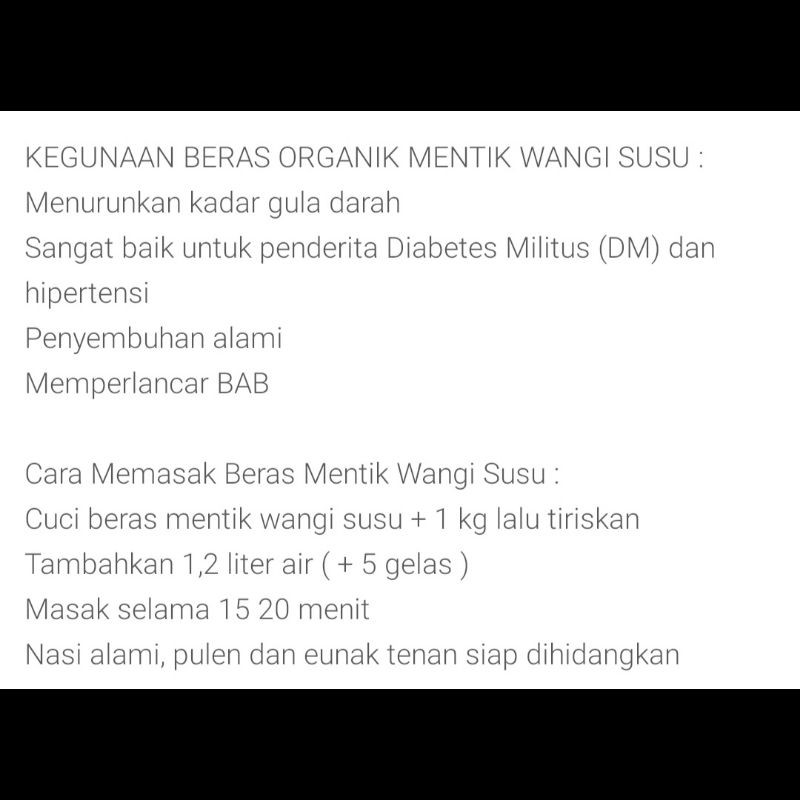 Beras Mentik Susu - Beras Menthik Putih - Beras Lingkar Organik - Beras MPASI | Kemasan Vakum 1 Kg | Putih MP Organik