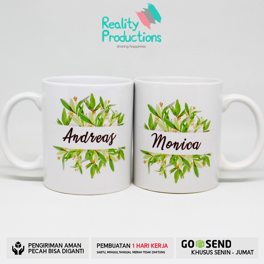 Mug Couple Green Leaves Watercolor untuk Kado Pernikahan