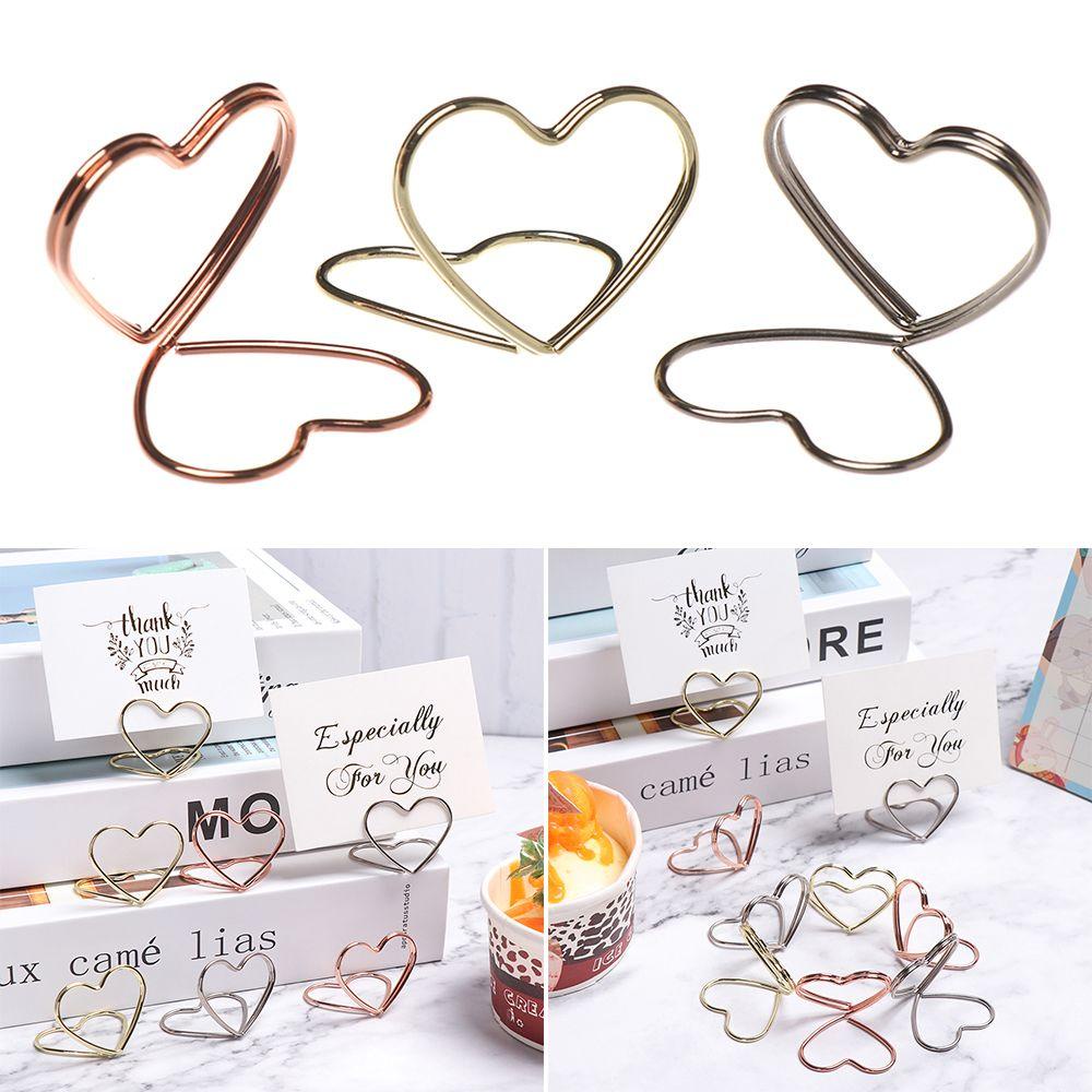 Nanas 1pcs Tempat Kartu Metalik Rose Gold Bentuk Hati Bentuk Cincin Dekorasi Desktop Perlengkapan Pernikahan Foto Klip