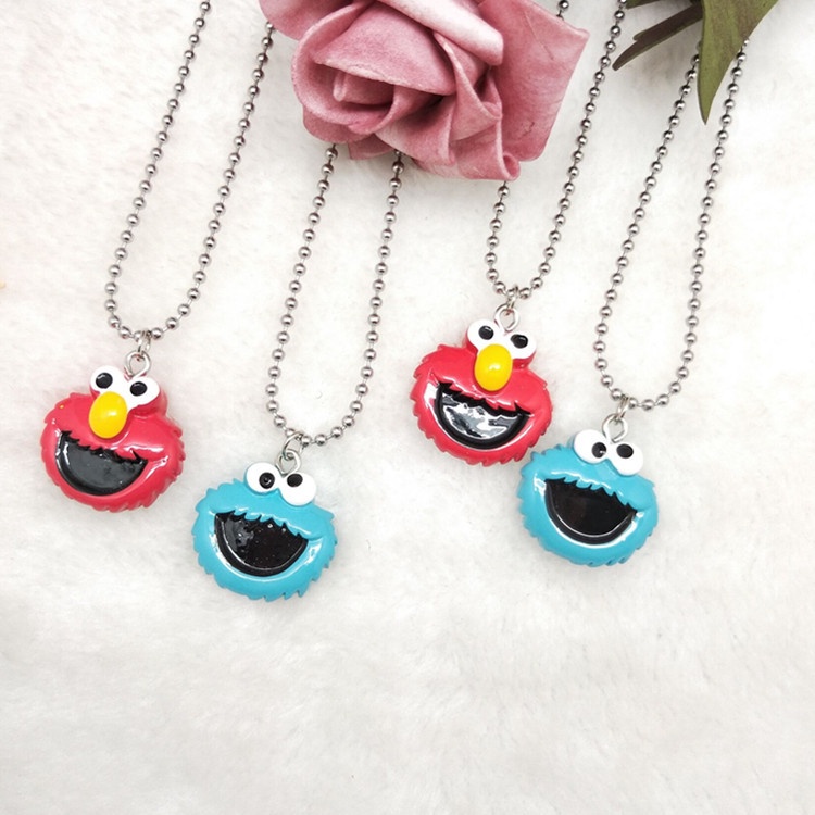 Retro kartun anak imut disco pasangan kalung Merah Biru Sesame Street lucu liontin sweater rantai ka