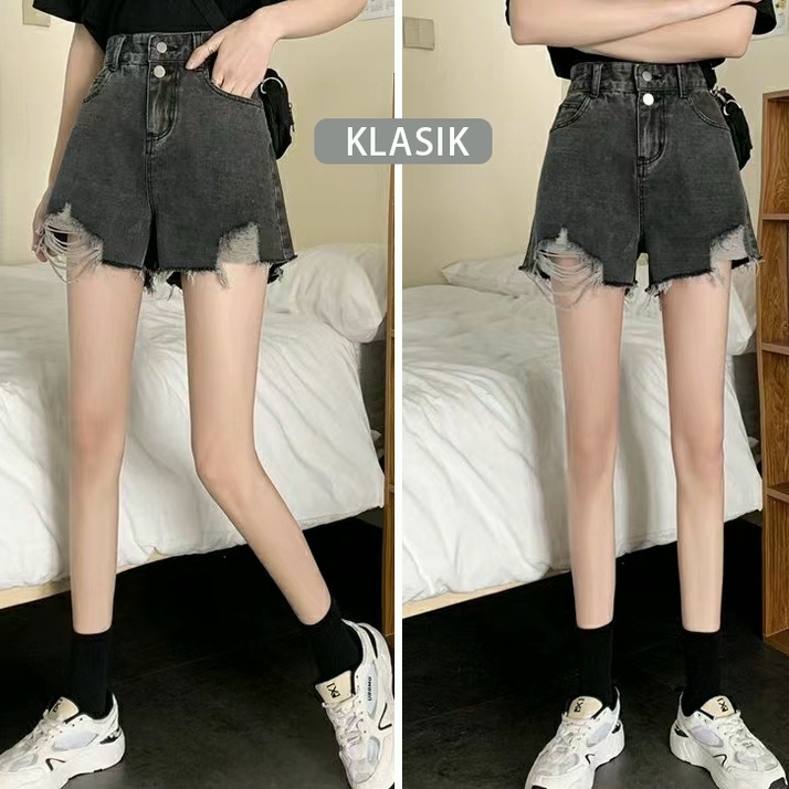 CEWEK_ID Celana hotpants jeans Pendek Denim Wanita Korean style ripped sobek Robek Pinggang Tinggi Fashion Hot Pants Abu-abu xl 2XL jens jins short