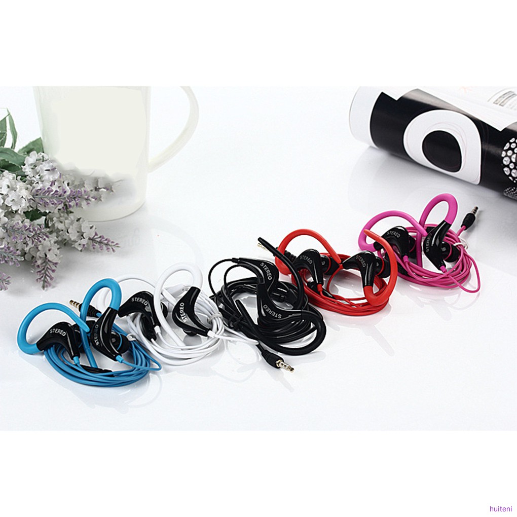 Headset Earphone Kait Telinga Sport Stereo Dengan Mic + Kabel Jack 3.5mm Untuk Smartphone Huiteni