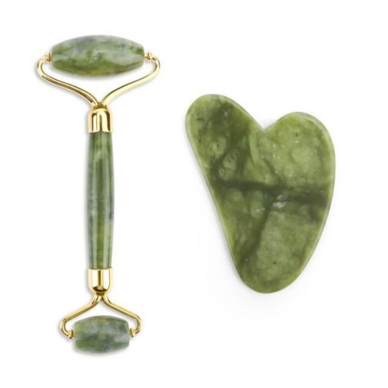 Jade Roller dan Gua Sha Green Crystal Quartz Original Beauty Tools by Harlavita Alat Pijat Wajah Fac