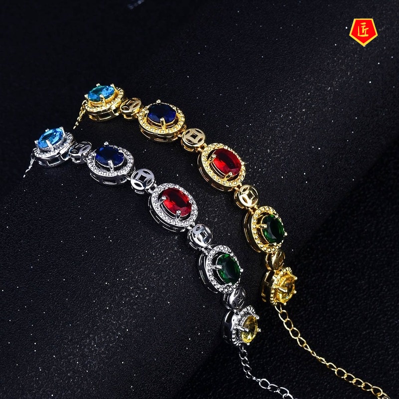 [Ready Stock]Luxury 18K Gold Ruby Inlaid Colored Gems Bracelet