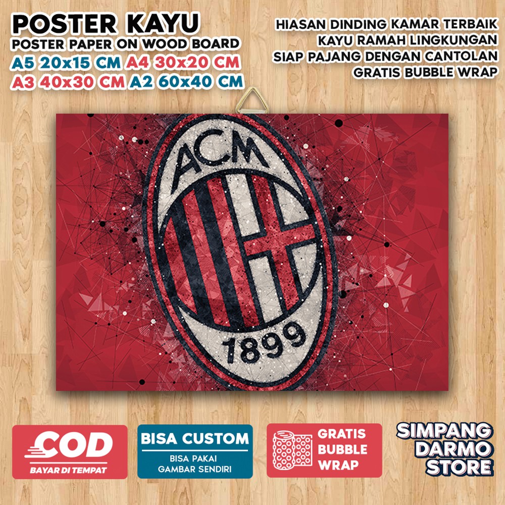 Poster Kayu AC Milan Klub Bola Hiasan Dinding Club Bola Piala Serie A Liga Itali Italia Italy A.C. M