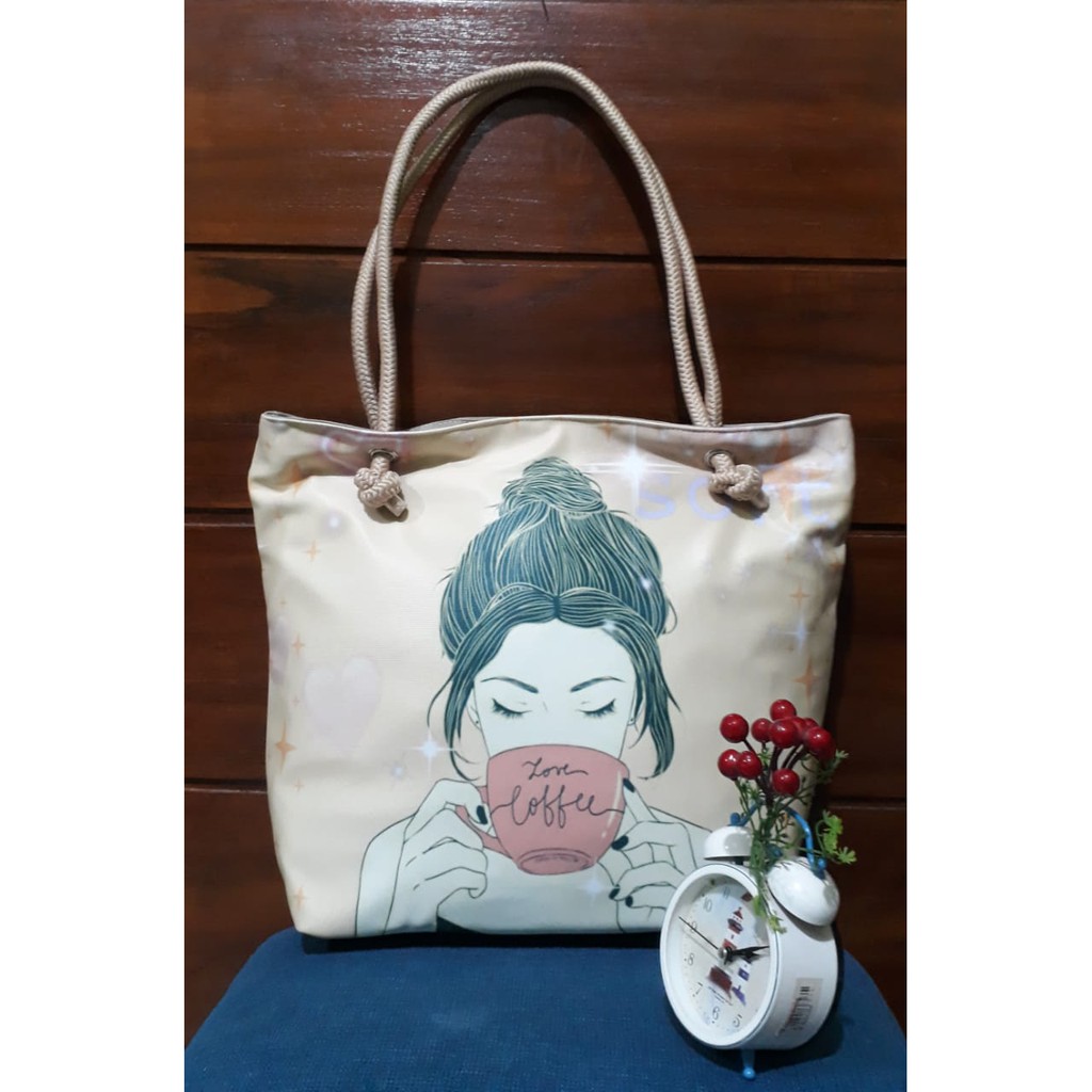 TAS TOTE SLEMPANG WANITA TALI SUMBU PRINTING "CT" UKURAN 35X43