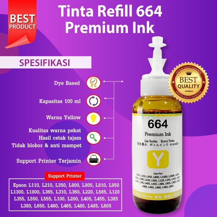 Paket 1 SET CMYK Tinta Premium 664 T664 Refill Pengganti Original Epson L120 L360 L550 L565 L1300