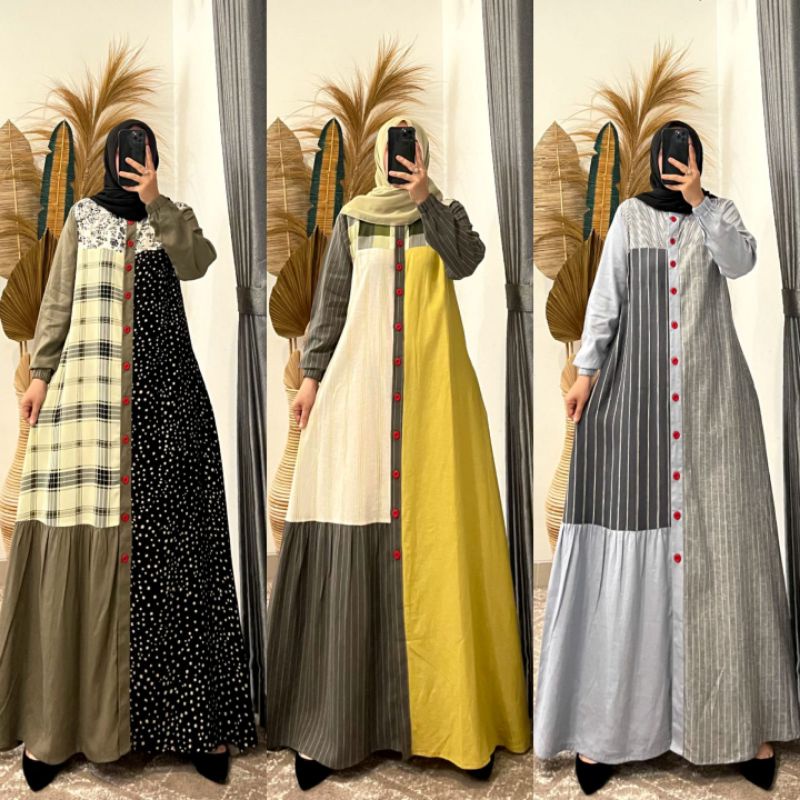 Gamis Katun Kombinasi Original Syaina By Semut / Dress Wanita Muslim Premium / Gamis Muslim Wanita T