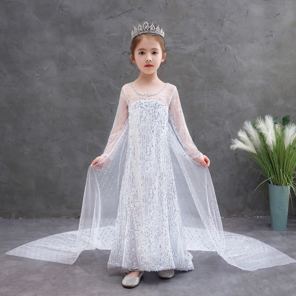 Putri Beku 2 Elsa Dress Gadis Gaun Gadis Kostum Gaun Berpayet Gaun Putih