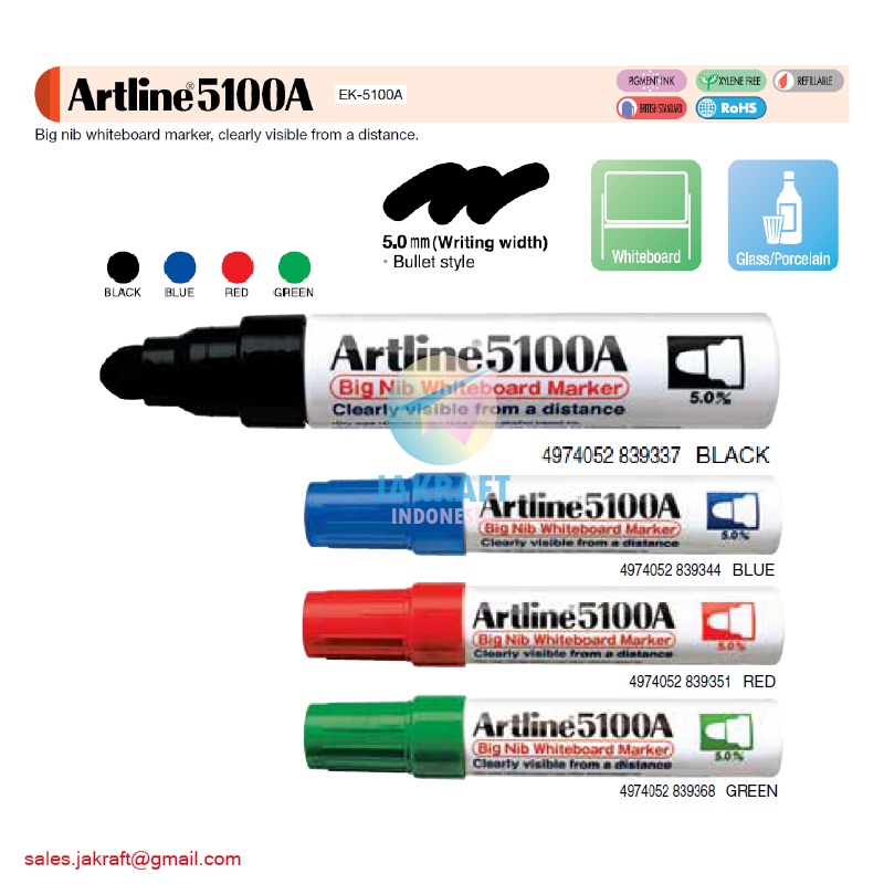 

(1 Pcs) Spidol Papan Tulis & Kaca ARTLINE EK-5100A Whiteboard Marker Dapat Dihapus 5.0 mm