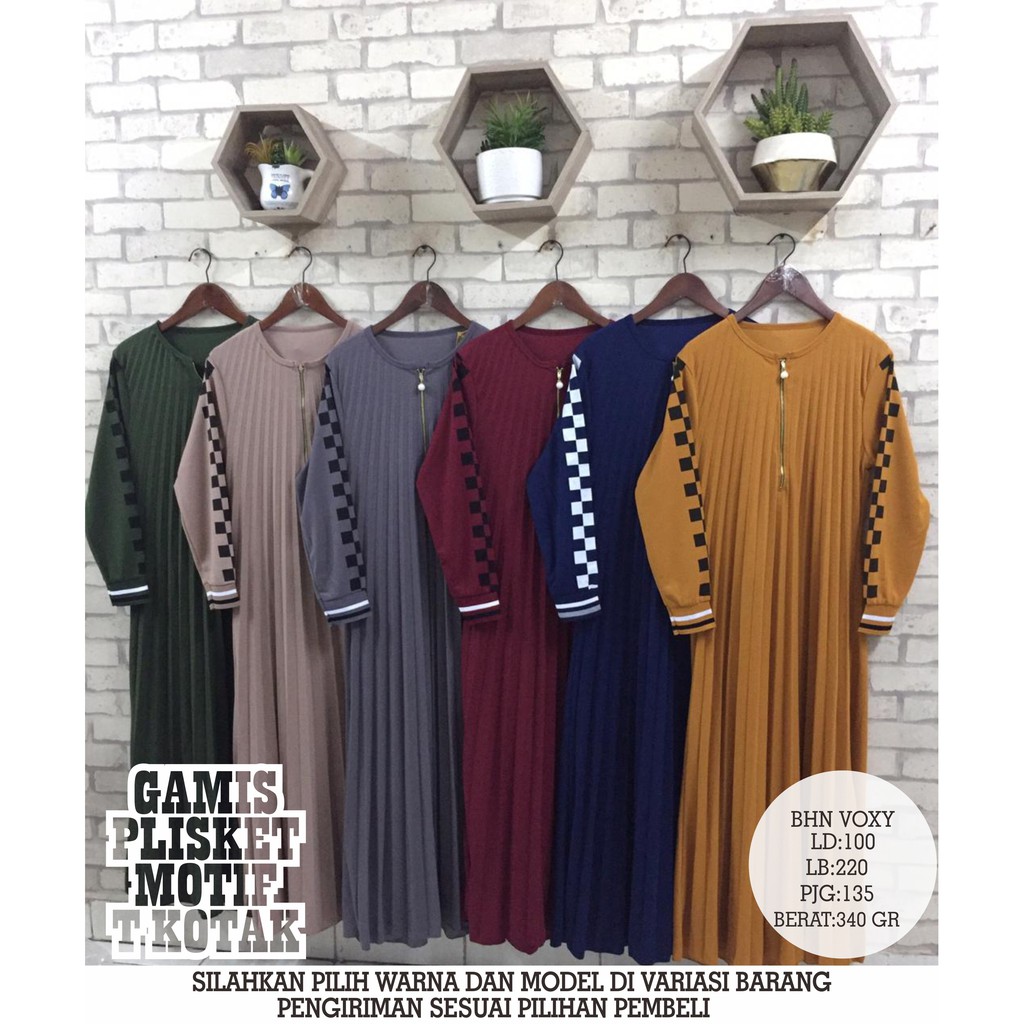  Baju  Gamis  Sleting Plisket  Kombinasi  Lengan Motif Shopee 