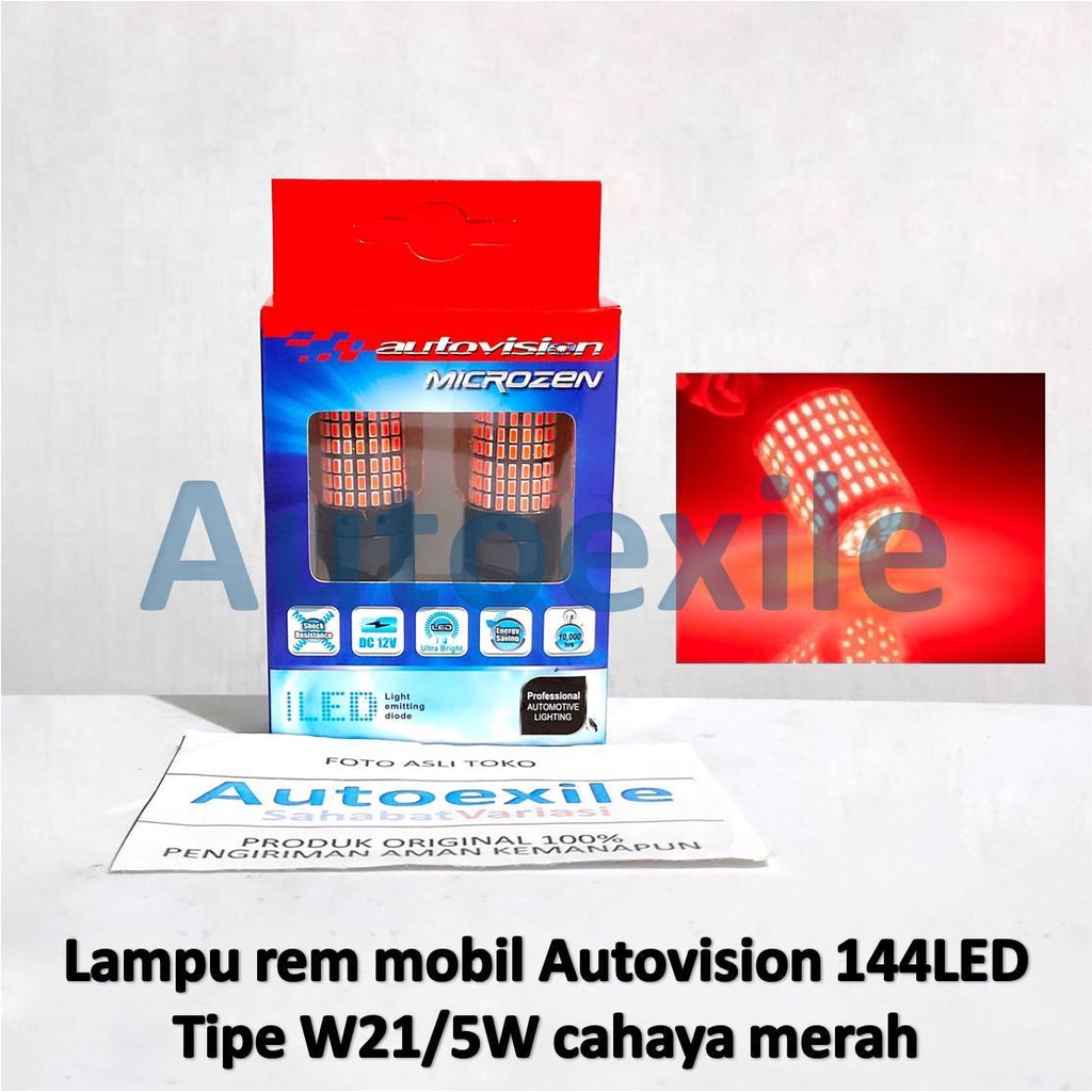 Autovision Microzen LED T20 W21/5W Red Merah 144LED 4014SMD 7443 Lampu Rem Mobil Dudukan Pipih Colok