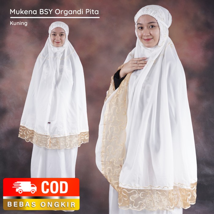 Mukena Dewasa Katun BSY Organdi Pita Adem Lembut Bonus Tas Cantik - Kuning