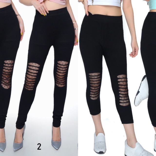 Legging Import Fashion Wanita Kombinasi Brukat Jala Katun Panjang Pendek 7/8 Fit Jumbo