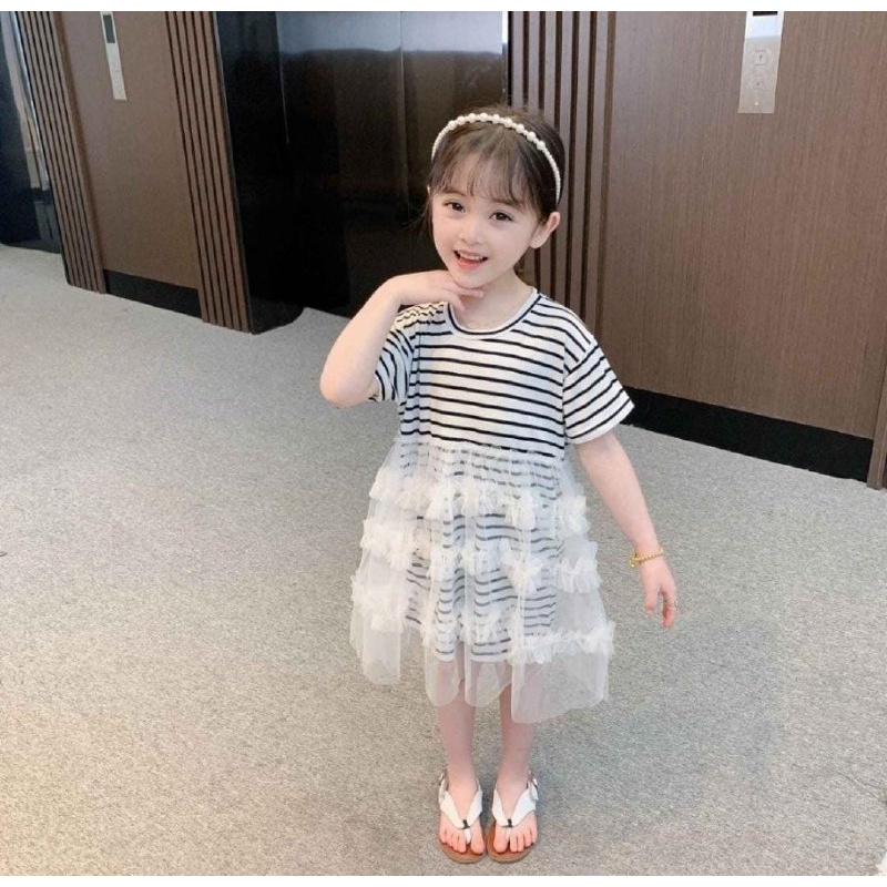 Promo !! Dress anak perempuan - dress pile of lace striped import uk6bln-2thn (putih,kuning) (DOMINAN PUTIH)