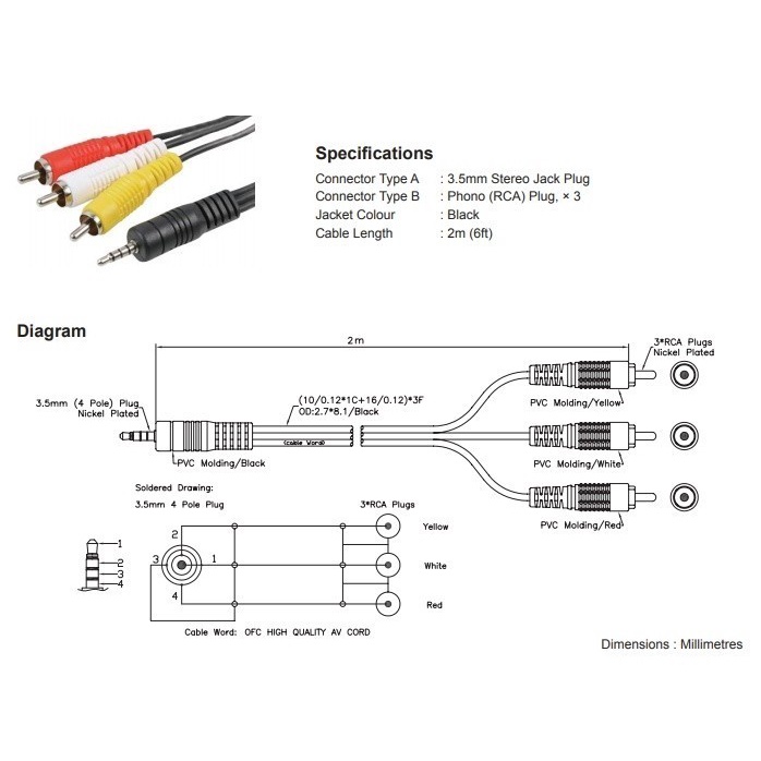 Cable Audio video-s 3.5mm to rca 3 male gold plated standard 1.5 meter - kabel audio 3.5 to av rca3 1.5m