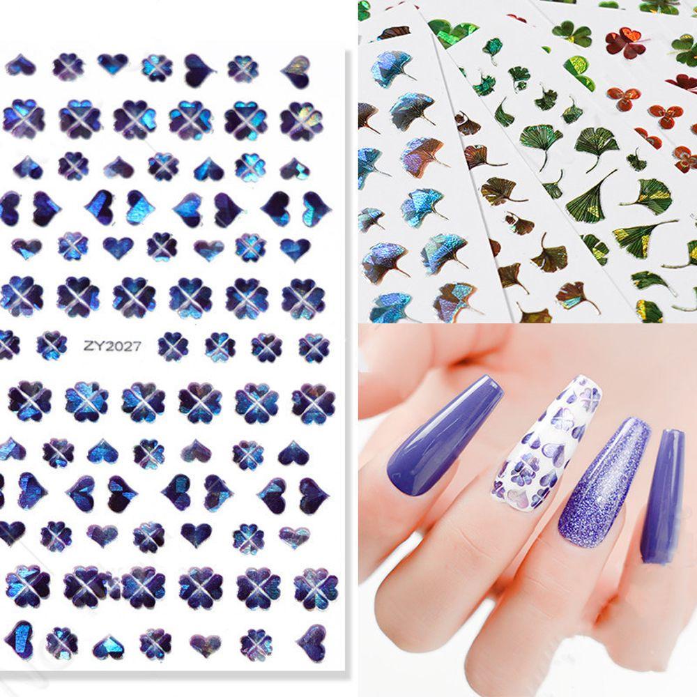 AUGUSTINA Agustina Clover Nail Art Stiker Hijau Hologram Laser Wanita Shamrock Ginkgo Manicure Grass Nail Tip Sliders