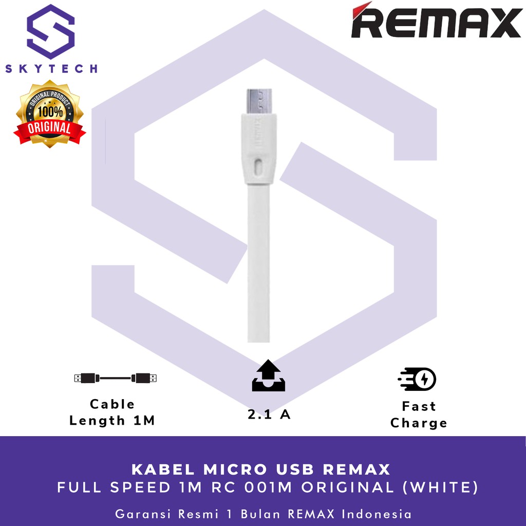 KABEL MICRO USB REMAX FULL SPEED 1M WHITE RC 001M ORIGINAL GARANSI RESMI