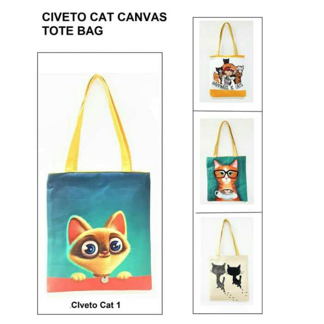 Tote Bag Canvas Tas Tote Motif Kucing Lucu
