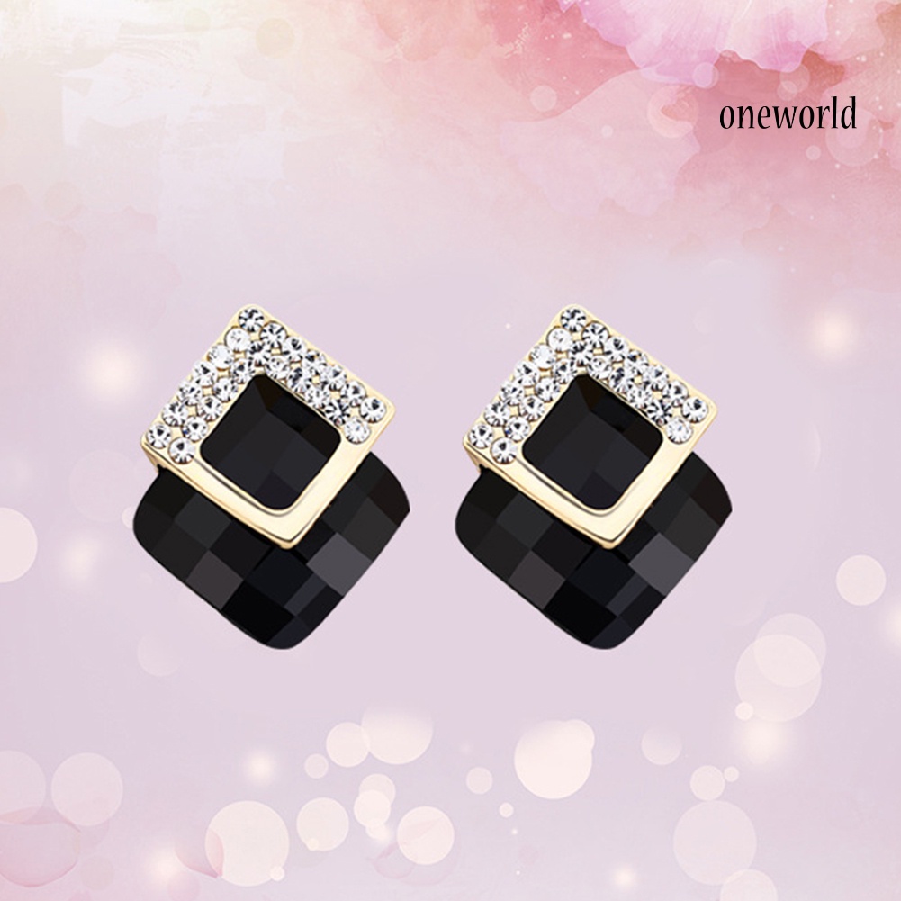 OW@ Concise Rhinestone Inlaid Square Stud Earrings Women Banquet Party Jewelry Gift