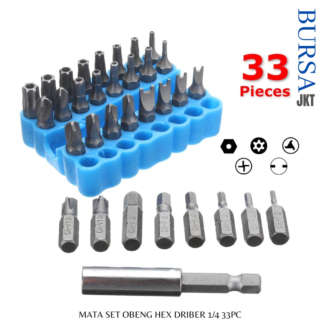 SET KEPALA MATA OBENG 1/4 + HOLDER BIRU LUBANG DAN MERAH  33 PC