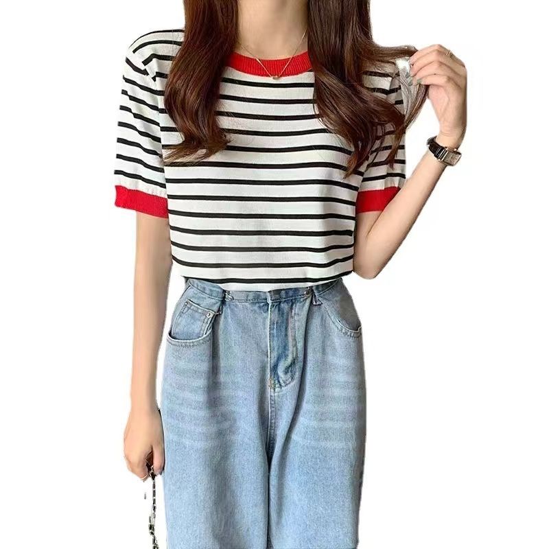 Velma Stripe T Shirt Top Knit Import - Kaos Wanita Lengan Pendek - Atasan Wanita Salur TM (B170)