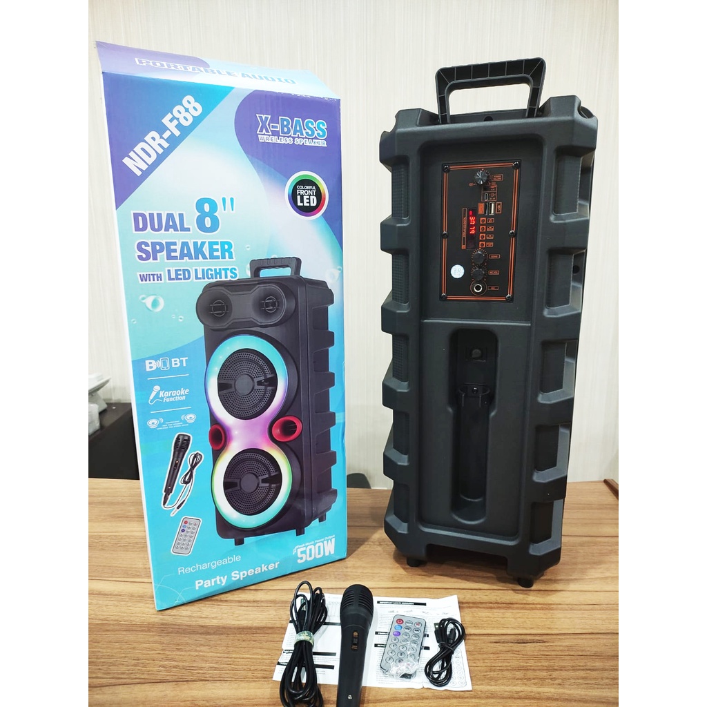 Bluetooth Speaker NDR-F88 Dual Woofer 8 Inch + Dual Tweeter 3 Inch + Microphone Kabel With RGB Lamp