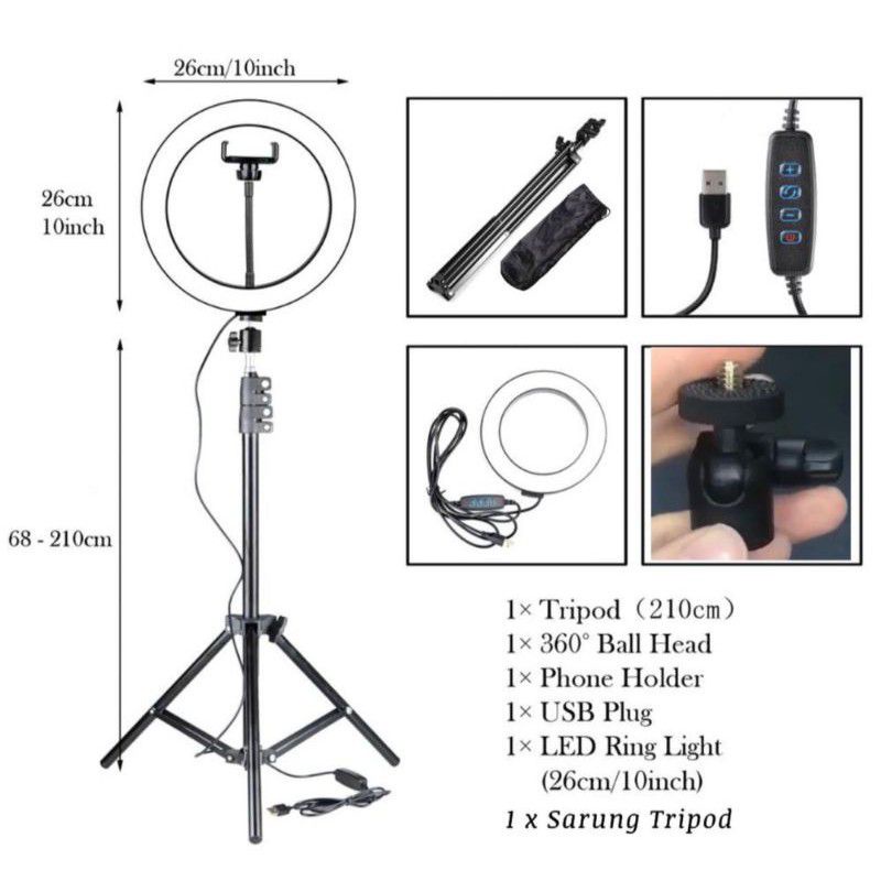 RING LIGHT + TRIPOD 2.1M LAMPU TIKTOK LED KONTEN MULTIFUNGSI