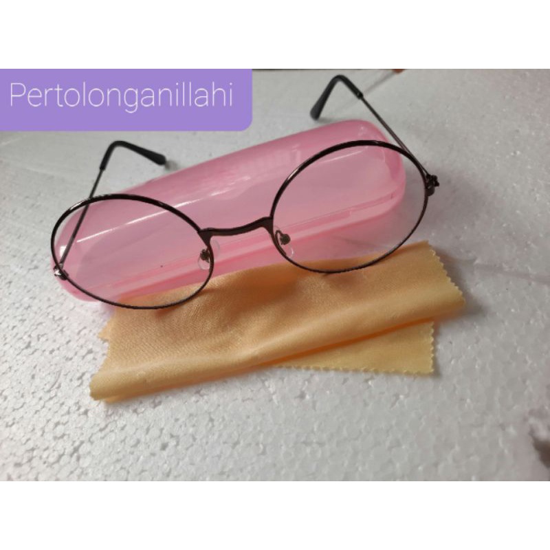 paket kacamata korea fashion wanita/pria frame bulat besi lensa glass elegan lengkap dengan box dan kain lap