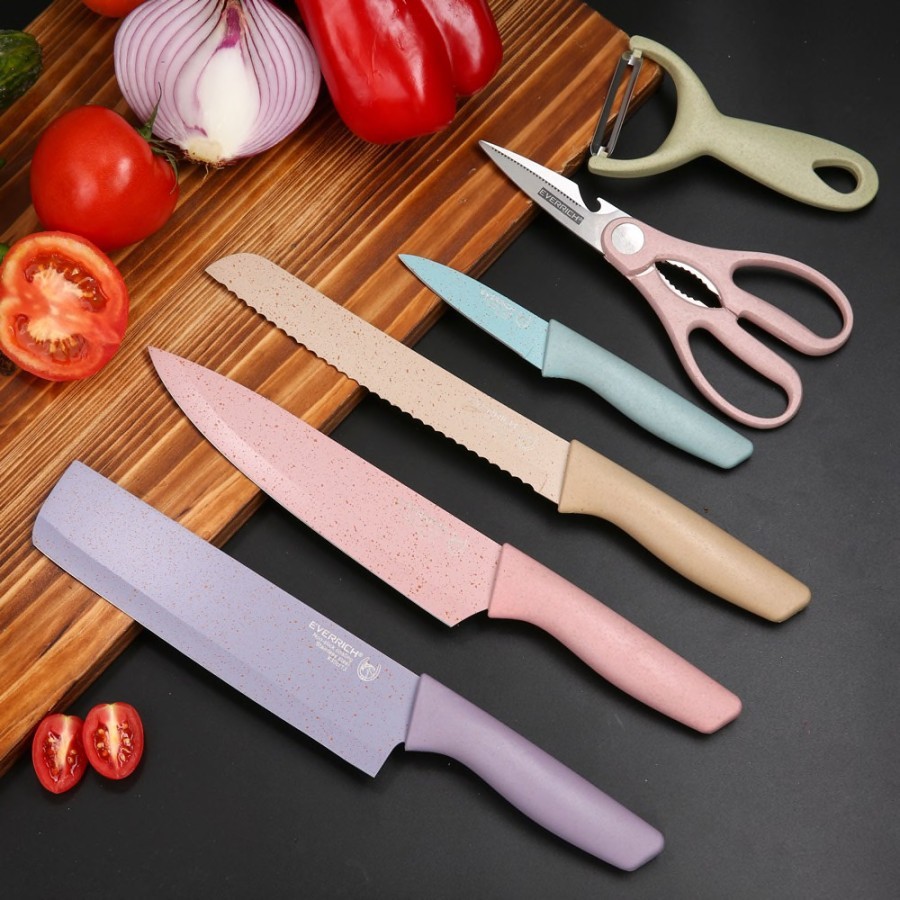 Pisau Dapur Set 6 pcs Gunting Peeler Pastel Stainless Kitchen Knife