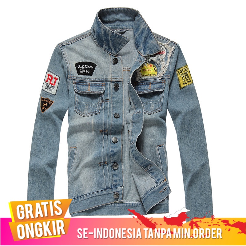 Outerwear Pria Pengolahan kan  Jaket Denim Pria Robek Korea Jaket Denim Slim Borr Denim Jaket Pria H