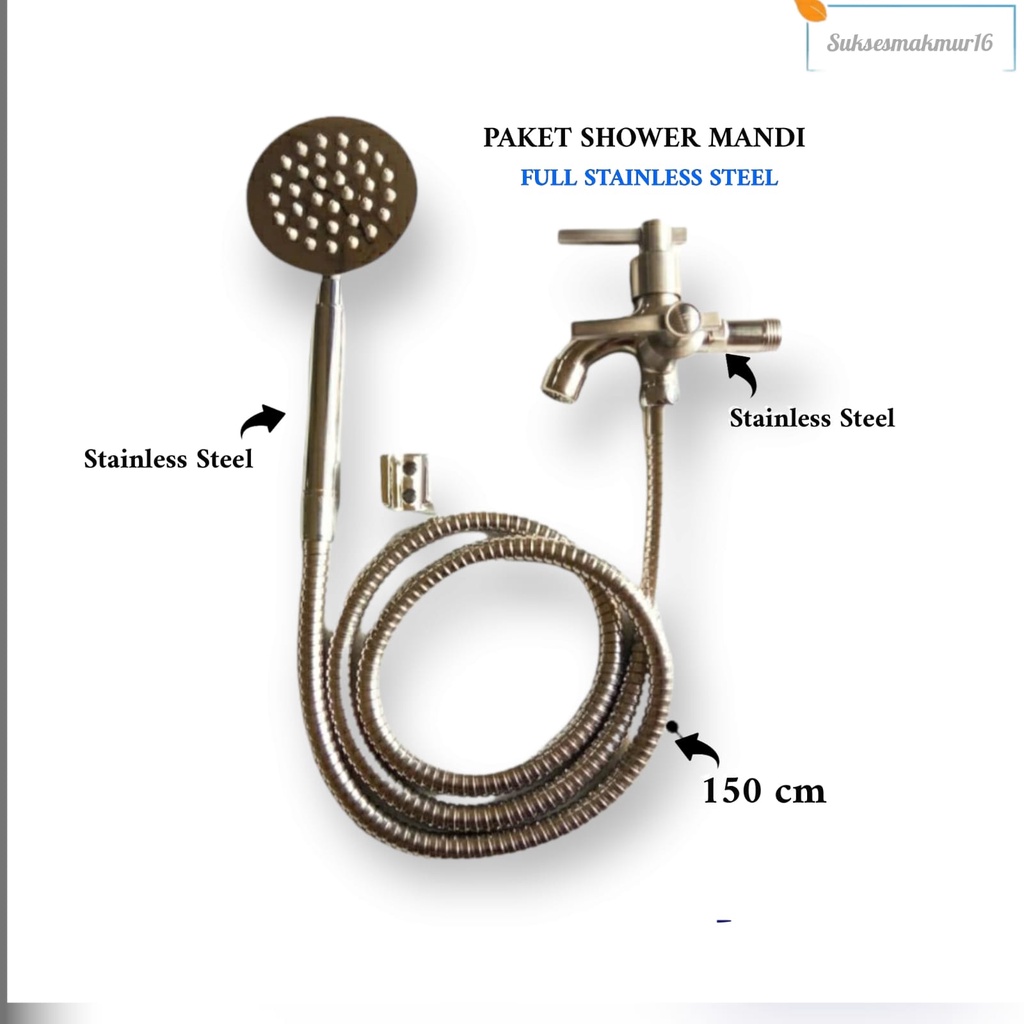 PAKET Hand Shower Kamar Mandi Full Stainless Shower Mandi Komplit Bagus Satu Set Bulat 1/2Inch