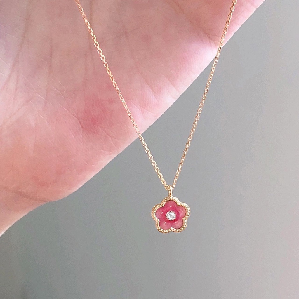 Kalung Rantai Klavikula Bahan 925 Silver Dengan Liontin Bunga Peach Mekar Warna Pink Untuk Wanita