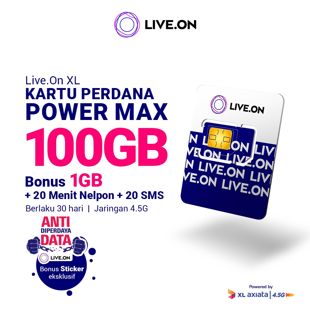 Live.On Kartu Perdana Power Max 100GB + 1GB (30 hari) 4.5G + 20 Menit Nelpon + 20 SMS + Sticker D