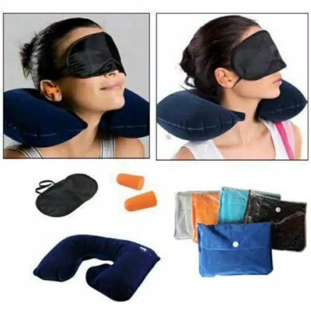 Travel pillow bantal leher udara penutup mata telinga untuk jalan 1set