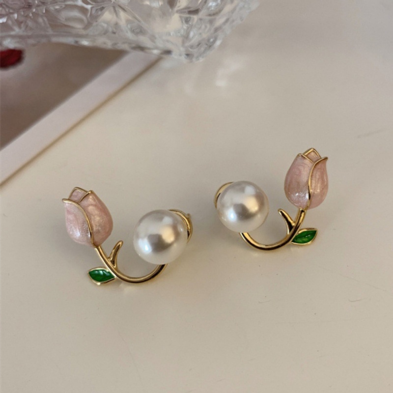 Anting Bentuk Bunga Tulip Aksen Mutiara Warna Pink Gaya Vintage