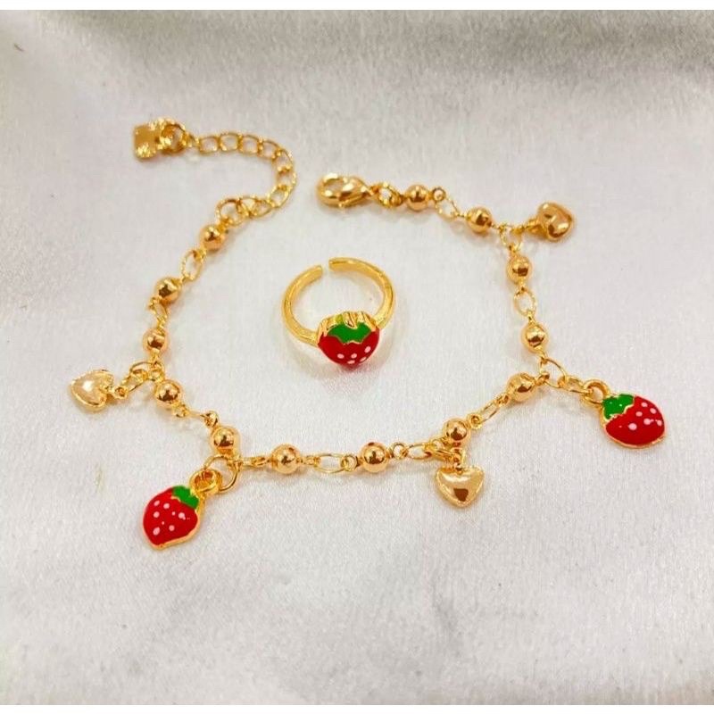 gelang tangan anak stroberry set cincin strobery rantai lada gold