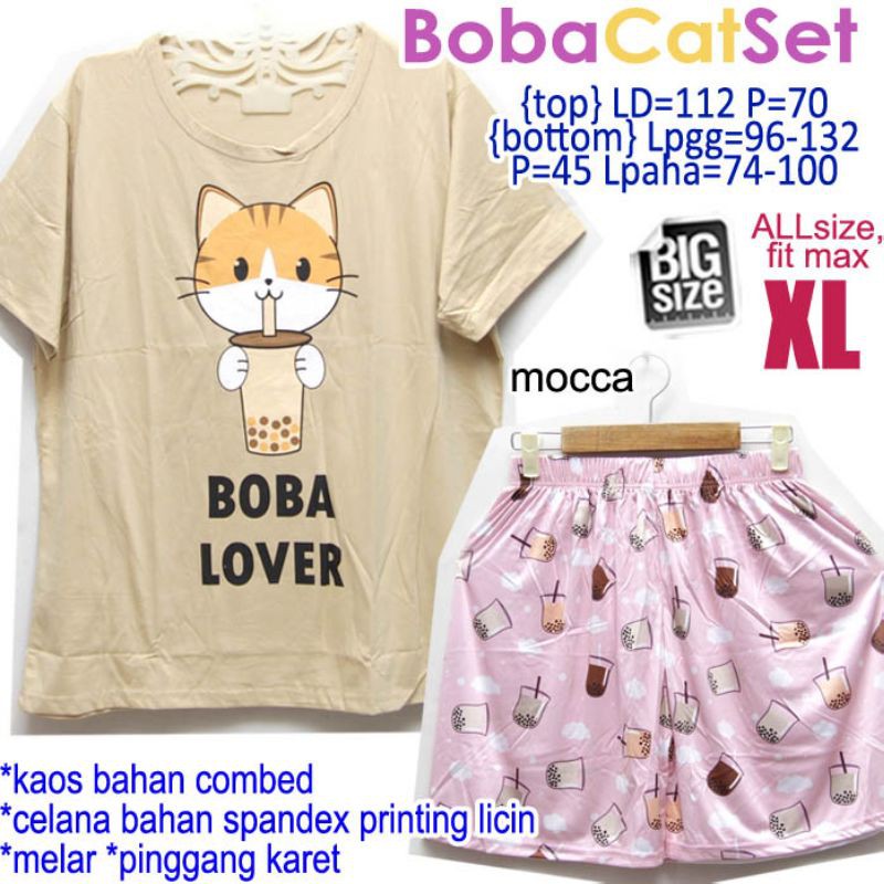 Boba Cat Set SETELAN WANITA BAJU RUMAH ADEM KAOS CELANA PENDEK PINGGANG KARET JUMBO BIG SIZE XL