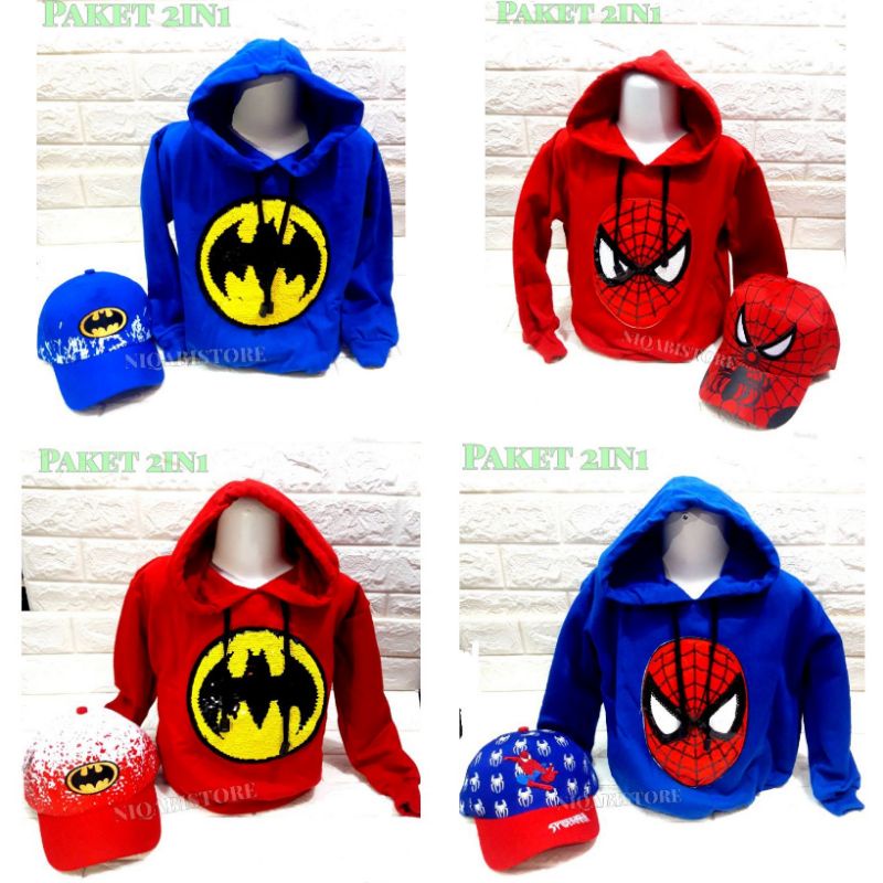 paket 2in1 switer hoodie anak dan topi anak motif batman spiderman LED bisa nyala hoodie anak sweater hoodie