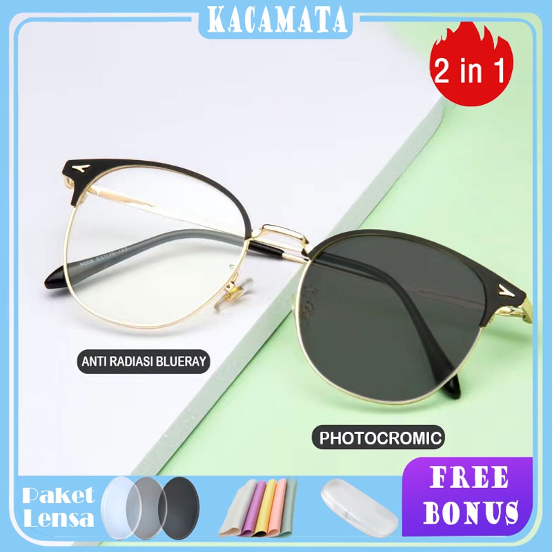 Kacamata Korea kotak PHOTOCROMIC ANTI RADIASI BLUERAY 2in1 Bisa Req Minus fashion pria Unisex 9008