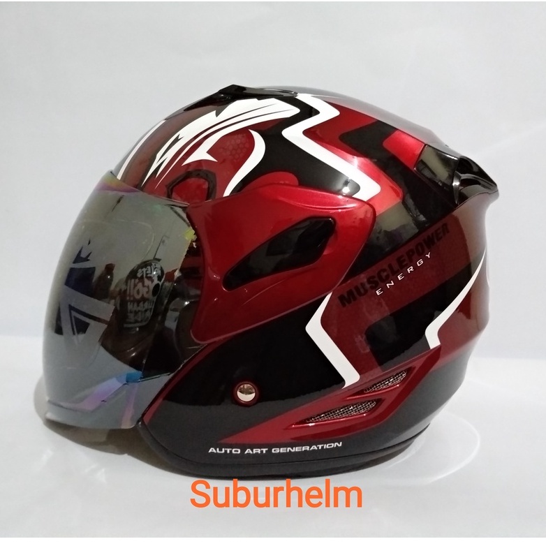 HELM  GM  FIGHTER  MUSCLE POWER   ROYAL RED / BLACK   HALF FACE  SINGLE VISOR  SNI ORI